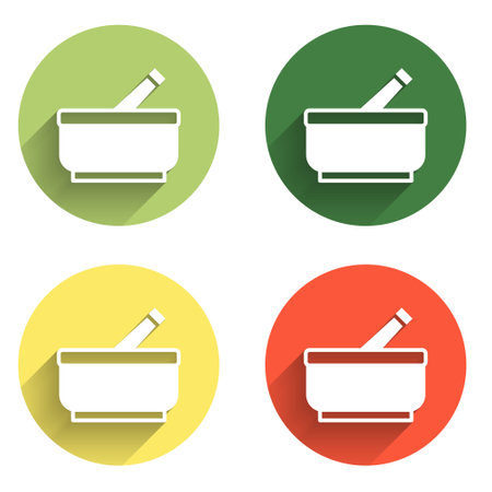 Set Mortar and pestle icon isolated with long shadow background. Color circle button. Vector.のイラスト素材
