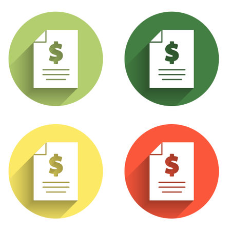 Set Contract money icon isolated with long shadow background. Banking document dollar file finance money page. Color circle button. Vector.のイラスト素材