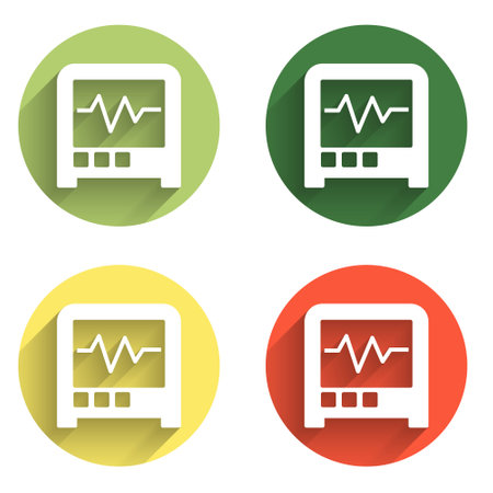 Set Seismograph icon isolated with long shadow background. Earthquake analog seismograph. Color circle button. Vector.のイラスト素材