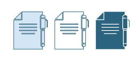Blue Document and pen icon isolated on white background. File icon. Checklist icon. Business concept. Vector.のイラスト素材