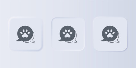 Gray Paw print icon isolated on gray background. Dog or cat paw print. Animal track. Set icons in square buttons. Vector.のイラスト素材