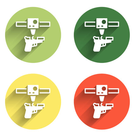 Set 3D printer gun icon isolated with long shadow background. 3d printing. Color circle button. Vector.のイラスト素材