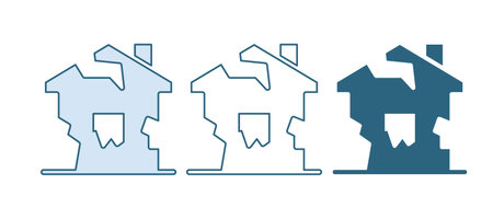 Blue Ruined house icon isolated on white background. Broken house. Derelict home. Abandoned home. Vector.のイラスト素材