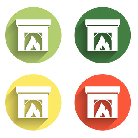 Set Interior fireplace icon isolated with long shadow background. Color circle button. Vector.のイラスト素材