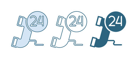 Blue Telephone 24 hours support icon isolated on white background. All-day customer support call-center. Full time call services. Vector.のイラスト素材