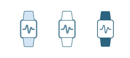 Blue Smart watch showing heart beat rate icon isolated on white background. Fitness App concept. Vector.のイラスト素材