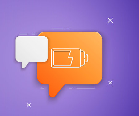 White Battery charge level indicator icon isolated on purple background. Orange speech bubble symbol. Vector.のイラスト素材
