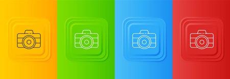White Photo camera icon isolated on colorful background. Photo camera icon. Set icons in square buttons. Vector.のイラスト素材
