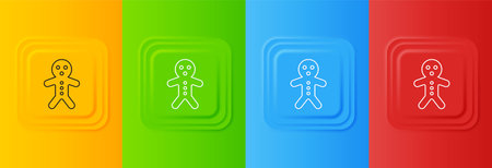 White Holiday gingerbread man cookie icon isolated on colorful background. Cookie in shape of man with icing. Set icons in square buttons. Vector.のイラスト素材