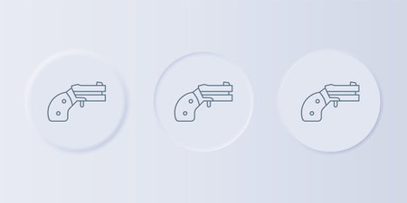 Gray Small gun revolver icon isolated on gray background. Pocket pistol for self-defense. Ladies revolver. Spy Weapon. Set icons in square buttons. Vector.のイラスト素材