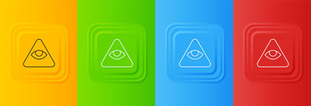 White Masons symbol All-seeing eye of God icon isolated on colorful background. The eye of Providence in the triangle. Set icons in square buttons. Vector.のイラスト素材