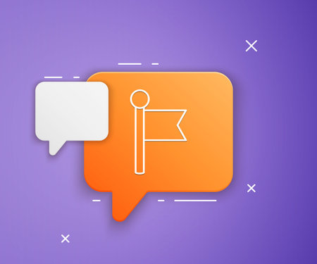 White Flag icon isolated on purple background. Location marker symbol. Orange speech bubble symbol. Vector.のイラスト素材