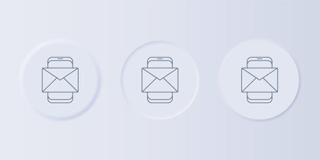 Gray Mobile and envelope, new message, mail icon isolated on gray background. Usage for e-mail newsletters, headers, blog posts. Set icons in square buttons. Vector.のイラスト素材