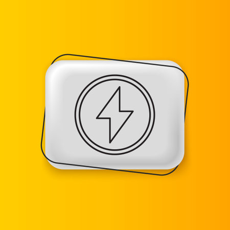 Black Lightning bolt icon isolated on yellow background. Flash sign. Charge flash icon. Thunderbolt. Lighting strike. Silver rectangle button. Vector.のイラスト素材