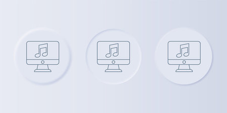 Gray Computer with music note symbol on screen icon isolated on gray background. Set icons in square buttons. Vector.のイラスト素材