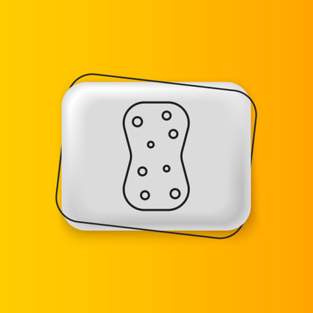 Black Sponge with bubbles icon isolated on yellow background. Wisp of bast for washing dishes. Cleaning service logo. Silver rectangle button. Vector.のイラスト素材
