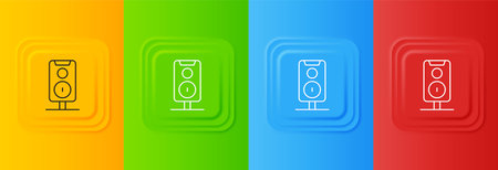 White Stereo speaker icon isolated on colorful background. Sound system speakers. Music icon. Musical column speaker bass equipment. Set icons in square buttons. Vector.のイラスト素材