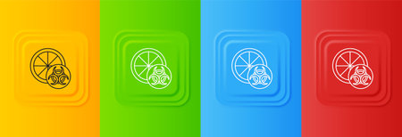 White Genetically modified citrus fruit icon isolated on colorful background. Orange in a cut. Healthy lifestyle. GMO fruit. Set icons in square buttons. Vector.のイラスト素材