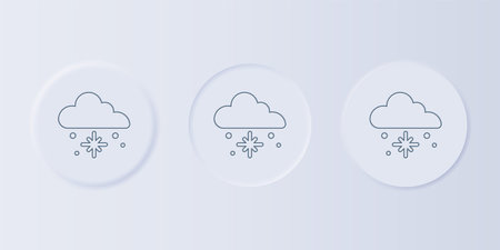 Gray Cloud with snow icon isolated on gray background. Cloud with snowflakes. Single weather icon. Snowing sign. Set icons in square buttons. Vector.のイラスト素材