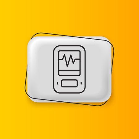 Black Seismograph icon isolated on yellow background. Earthquake analog seismograph. Silver rectangle button. Vector.のイラスト素材