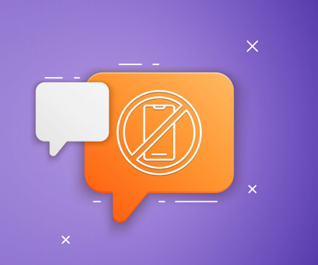 White No cell phone icon isolated on purple background. No talking and calling sign. Cell prohibition. Orange speech bubble symbol. Vector.のイラスト素材