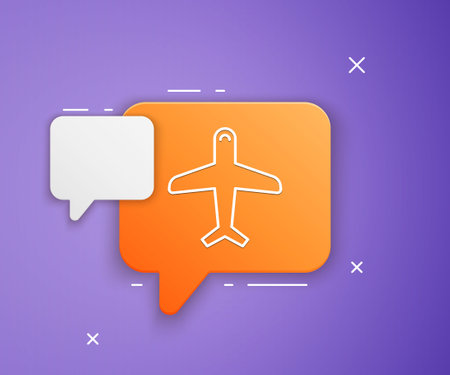 White Plane icon isolated on purple background. Flying airplane icon. Airliner sign. Orange speech bubble symbol. Vector.のイラスト素材