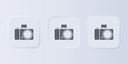Gray Photo camera icon isolated on gray background. Photo camera icon. Set icons in square buttons....