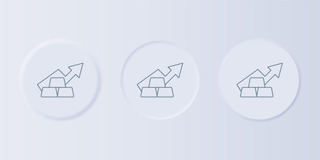 Gray Finance growth chart arrow with gold bars icon isolated on gray background. Financial success concept. Gold investment concept. Set icons in square buttons. Vector.のイラスト素材
