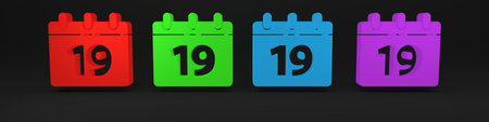 Colorful Calendar with icon isolated on black background. Minimalism concept. 3D render illustration.の写真素材