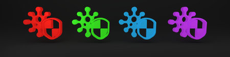 Colorful Shield protecting from virus, germs and bacteria icon isolated on black background. Immune system concept. Corona virus 2019-nCoV. Minimalism concept. 3D render illustration.の写真素材