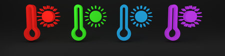 Colorful Meteorology thermometer measuring heat and cold icon isolated on black background. Thermometer equipment showing hot or cold weather. Minimalism concept. 3D render illustration.の写真素材