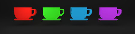 Colorful Coffee cup icon isolated on black background. Tea cup. Hot drink coffee. Minimalism concept. 3D render illustration.の写真素材