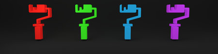 Colorful Paint roller brush icon isolated on black background. Minimalism concept. 3D render illustration.の写真素材