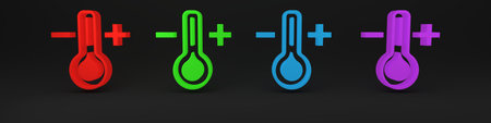 Colorful Meteorology thermometer measuring icon isolated on black background. Thermometer equipment...
