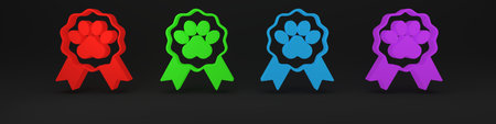 Colorful Pet award symbol icon isolated on black background. Badge with dog or cat paw print and ribbons. Medal for animal. Minimalism concept. 3D render illustration.の写真素材
