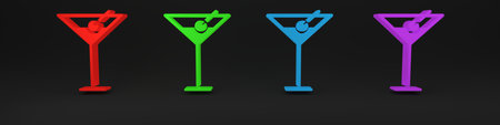 Colorful Martini glass icon isolated on black background. Cocktail icon. Wine glass icon. Minimalism concept. 3D render illustration.の写真素材
