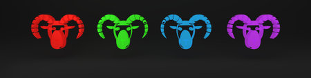 Colorful Head of goat or ram icon isolated on black background. Mountain sheep. Animal symbol. Minimalism concept. 3D render illustration.の写真素材