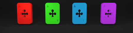 Colorful Playing card with clubs symbol icon isolated on black background. Casino gambling....