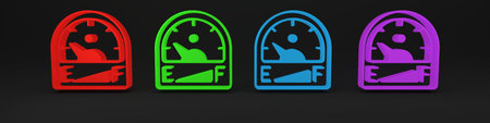 Colorful Motor gauge gas icon isolated on black background. Empty fuel meter. Full tank indication. Minimalism concept. 3D render illustration.の写真素材