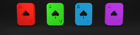 Colorful Playing cards icon isolated on black background. Casino gambling. Minimalism concept. 3D...