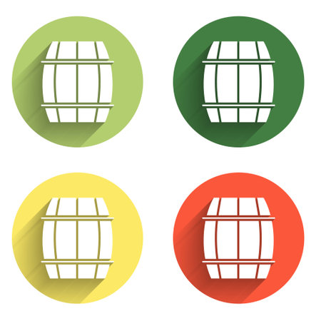 Set Wooden barrel icon isolated with long shadow background. Alcohol barrel, drink container, wooden keg for beer, whiskey, wine. Color circle button. Vector.のイラスト素材