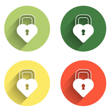 Set Castle in the shape of a heart icon isolated with long shadow background. Locked Heart. Love symbol and keyhole sign. Color circle button. Vector.のイラスト素材