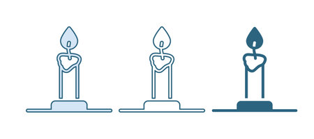 Blue Burning candle in candlestick icon isolated on white background. Cylindrical candle stick with burning flame. Vector.のイラスト素材