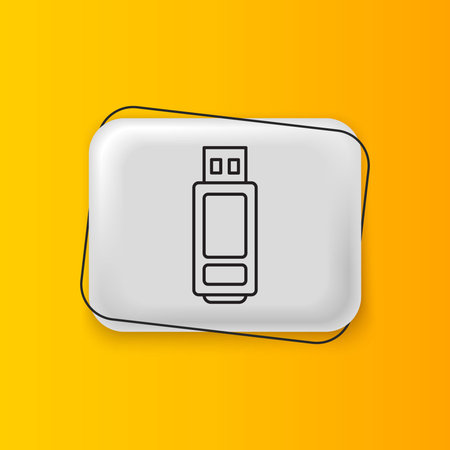 Black USB flash drive icon isolated on yellow background. Silver rectangle button. Vector.