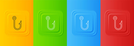 White Fishing hook icon isolated on colorful background. Fishing tackle. Set icons in square...