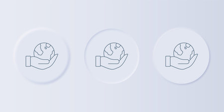 Gray Human hand holding Earth globe icon isolated on gray background. Save earth concept. Set icons in square buttons. Vector.のイラスト素材