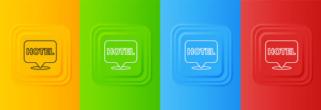 White Location hotel icon isolated on colorful background. Concept symbol for hotel, hostel, travel, housing rent, real estate. Set icons in square buttons. Vector.のイラスト素材