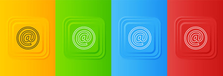 White Mail and e-mail icon isolated on colorful background. Envelope symbol e-mail. Email message sign. Set icons in square buttons. Vector.のイラスト素材