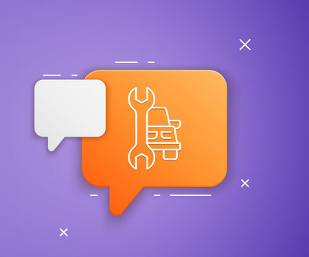 White Car service icon isolated on purple background. Auto mechanic service. Repair service auto mechanic. Maintenance sign. Orange speech bubble symbol. Vector.のイラスト素材