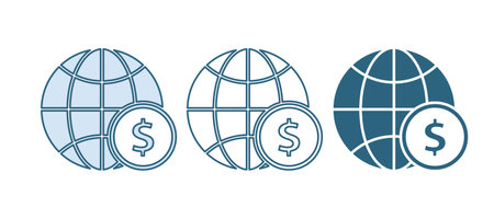Blue Earth globe with dollar symbol icon isolated on white background. World or Earth sign. Global internet symbol. Geometric shapes. Vector.のイラスト素材